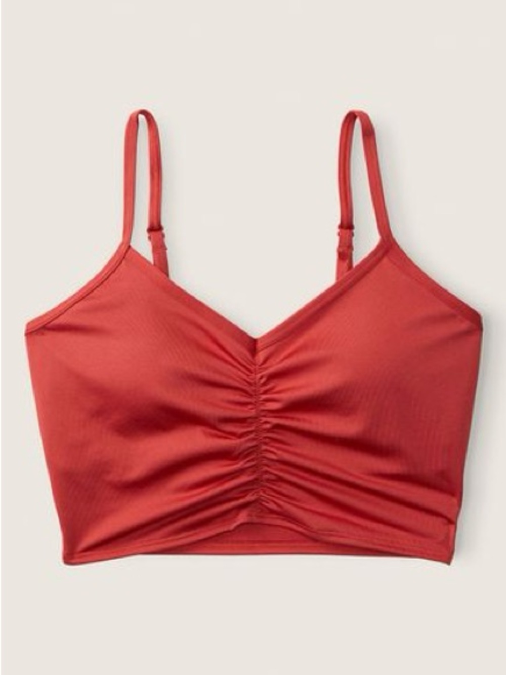 VS Pink Ultimate Ruched-Front Lightly Lined Sports Bra in Nantucket Red